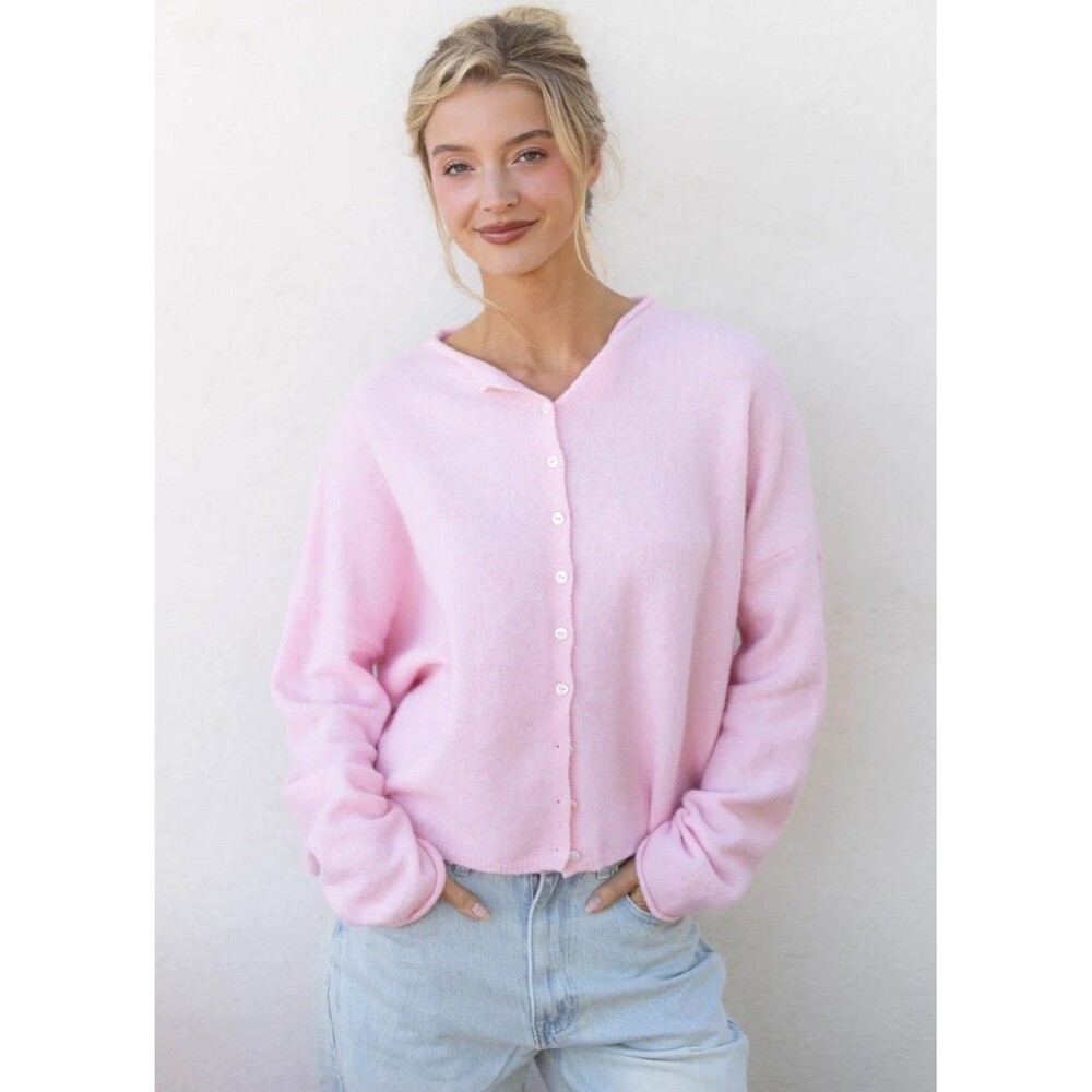 NWT THINGS BETWEEN Baby Pink Piper Cardigan Womens Small Button Front Fuzzy